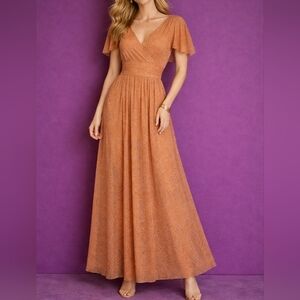 ALEXA B Chiffon Flutter Sleeve V-neck Metallic Feminine Coquette Maxi Dress